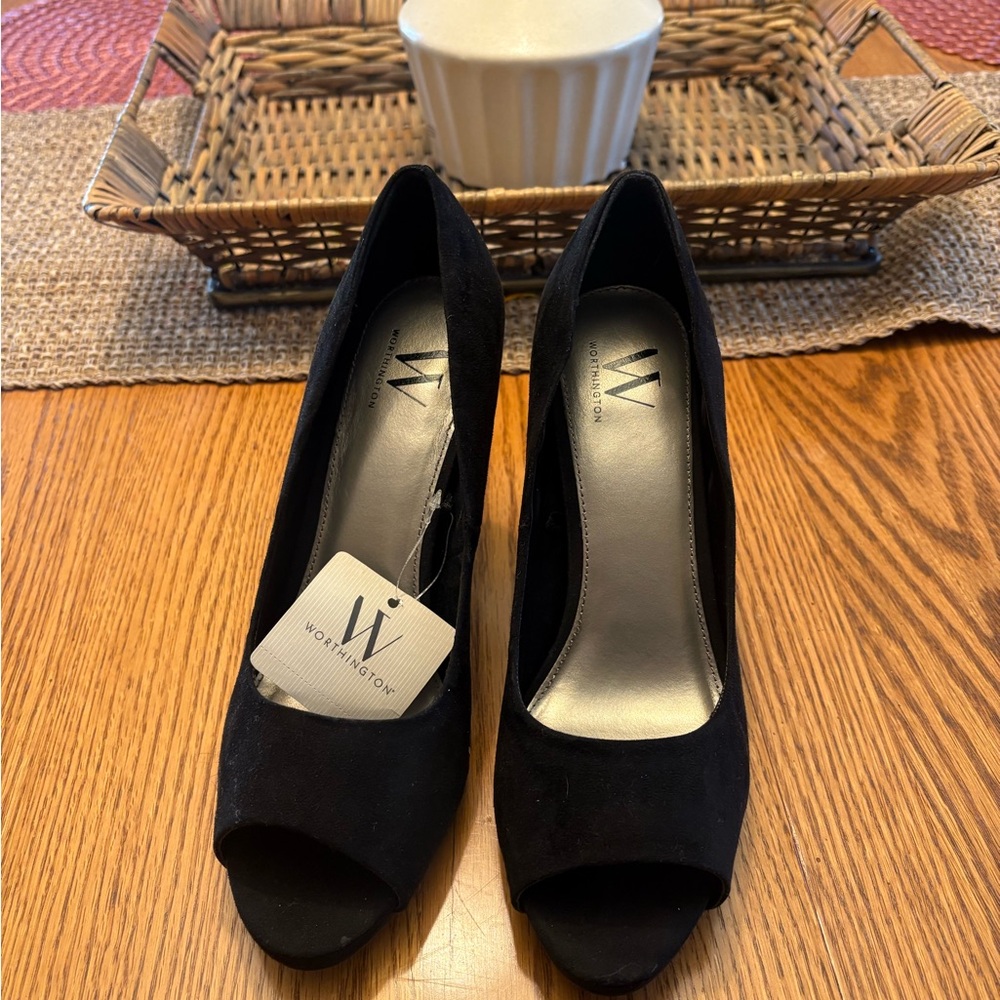 Worthington black suede open toe heels